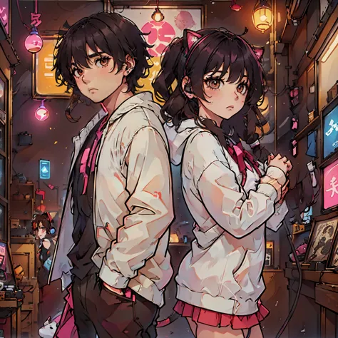 a boy and a neko girl are listening to music with headphones together in an old vinyl store, a room with a lot of singer poster,...