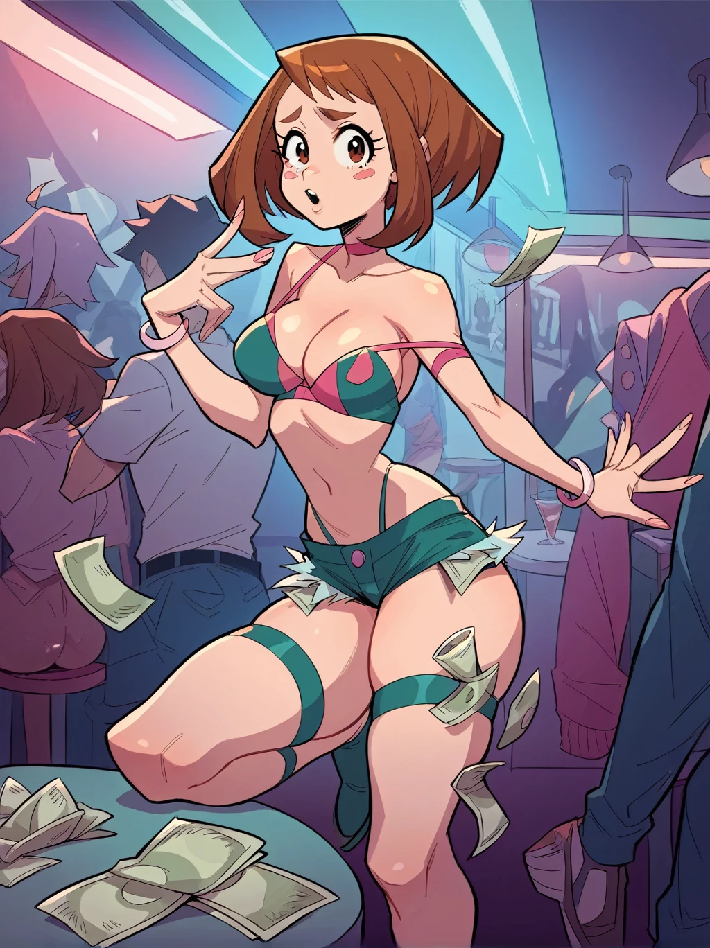 score_9, score_8_up, score_7_up, score_6_up, source_anime, 1girl, Ochaco Uraraka, prostitute clouths, on a nightclub, strip dance, money being throw over her, strip bar dance.