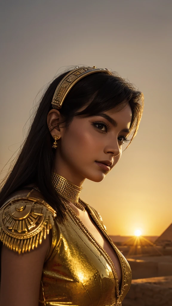 Image of graceful Cleopatra against the backdrop of the Egyptian pyramids, a dramatic golden sunset.