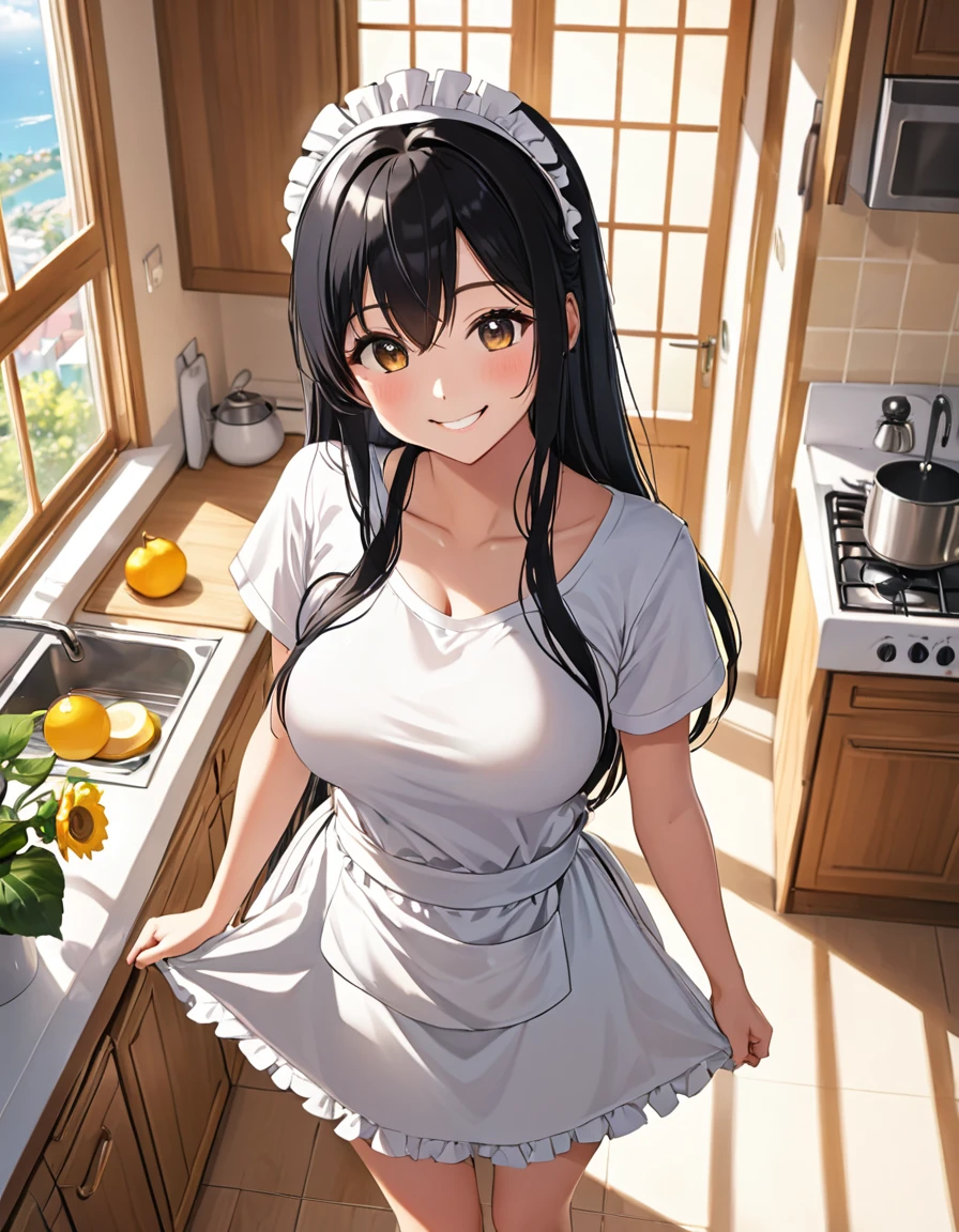 Girl,cute,cute,From above,Chest to head,smile,Straight Hair,Long Hair,Black Hair,sunny,big breast photos,Long T-shirt,looking at the camera,Maid clothes,My Room,kitchen,noon,Sun light,Are standing