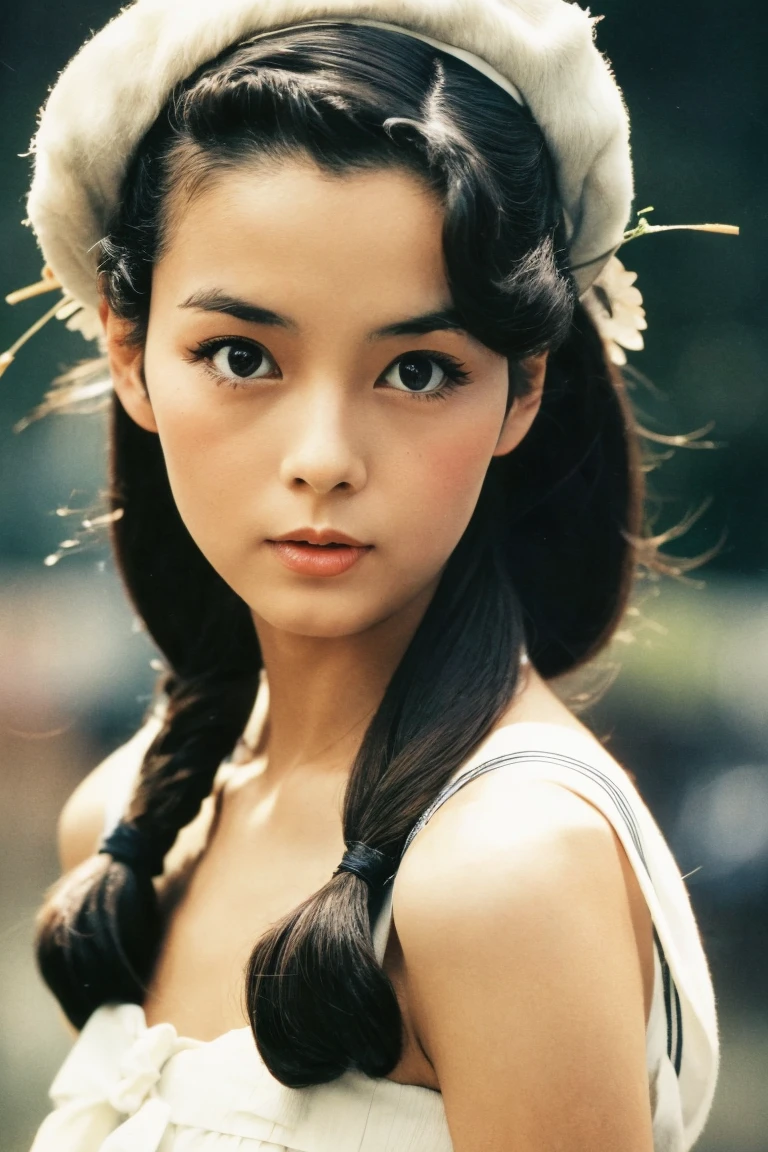 Skinny Japanese 40s woman in a costume of 1960s, cute face, detailed face, detailed eyes, a sepia-toned photo