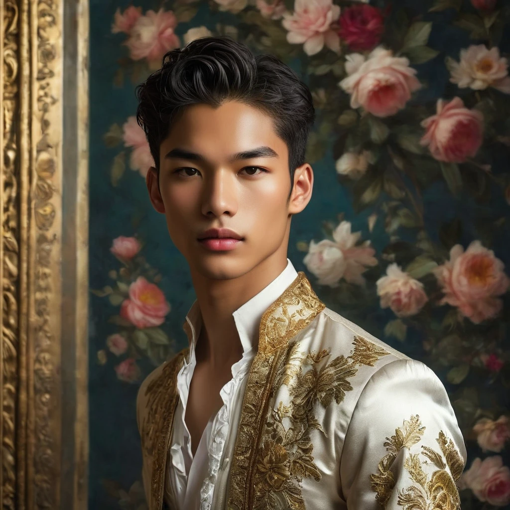 Candid Vogue fashion editorial shot of mixed Asian and Latino male supermodel, 23 year old, short platinum silver hair, masculine appearance with slender physique, symmetric face, natural olive skin tone, exudes youthfulness and athleticism, he is very photogenic, Position against an ornate dark purple background featuring a floral painting wallpaper to add depth and richness to the scene, ((Depict Lucifer as a charismatic and sophisticated figure)), He is a striking presence with an air of mystery and intelligence. wears a well-fitted  white outfits and stylish shoes. His demeanor is confident and charming, with a subtle hint of his divine origins in his calm and intense gaze. The background should be a modern, urban setting with a blend of sophistication and casualness, evoke the soft ethereal quality of the Renaissance style, raw photo, ((masterpiece)), (best quality), High Resolution, (ultra_realistic), photorealistic, ((Pay attention to the layer and arrangement of body parts and surrounding objects)), ((Pay attention to the body composition)), ((Correct body structure)), ((Correct photo distance)), romantic atmosphere, lively extremely Gorgeous background),