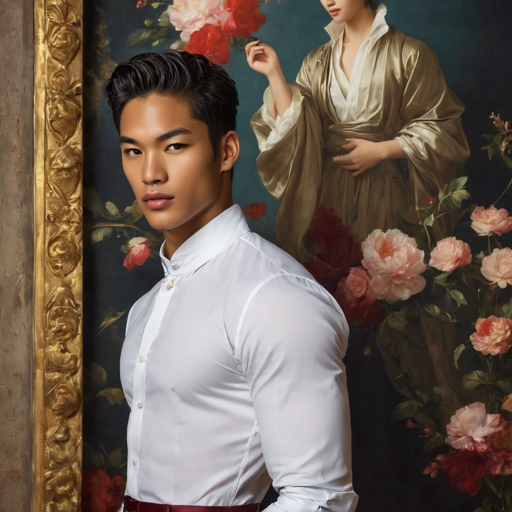 Candid Vogue fashion editorial shot of mixed Asian and Latino male supermodel, 23 year old, short platinum silver hair, masculine appearance with slender physique, symmetric face, natural olive skin tone, exudes youthfulness and athleticism, he is very photogenic, Position against an ornate dark purple background featuring a floral painting wallpaper to add depth and richness to the scene, ((Depict Lucifer as a charismatic and sophisticated figure)), He is a striking presence with an air of mystery and intelligence. wears a well-fitted  white outfits and stylish shoes. His demeanor is confident and charming, with a subtle hint of his divine origins in his calm and intense gaze. The background should be a modern, urban setting with a blend of sophistication and casualness, evoke the soft ethereal quality of the Renaissance style, raw photo, ((masterpiece)), (best quality), High Resolution, (ultra_realistic), photorealistic, ((Pay attention to the layer and arrangement of body parts and surrounding objects)), ((Pay attention to the body composition)), ((Correct body structure)), ((Correct photo distance)), romantic atmosphere, lively extremely Gorgeous background),