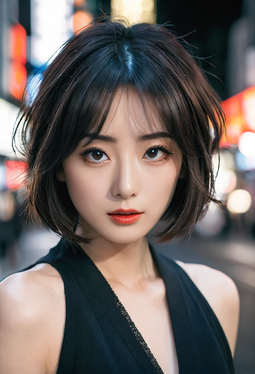 (8k resolution, RAW photo format, exceptional quality, masterpiece:1.2), professional lighting setup with a focus on cinematic ambiance, sharp and precise focus with a well-defined depth of field, featuring a Japanese actress in Shibuya, characterized by her double eyelids and a stylish bob hairstyle, captured from the upper body up, gazing directly at the viewer
