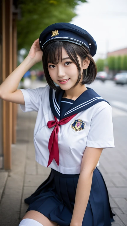 (A gorgeous Japanese idol, age 22 , wearing seifuku, school uniform, sailor moon, jk uniform, high-school uniform, red ribbon, sailor hat, knee high socks, random pose, at a flower shop,

Easygoing expressions, kind smile, dimpled chins, cute snaggle-tooth, short bob hair ponytail, symmetrical face, realistic detailed face, beautiful detailed eyes, perfect body anatomy, hourglass figure, ample round bosoms, huge breasts,

Raw photo, photorealistic, realistic portrait, hyper-realism, high contrast, ultra HD, realistic skin textures, top image quality, top-quality, super high resolution, fine details, very meticulously, masterpiece, medium shot, close-up shot, cowboy shot, High Angle Shot, bokeh background, SFW, Safe For Work)