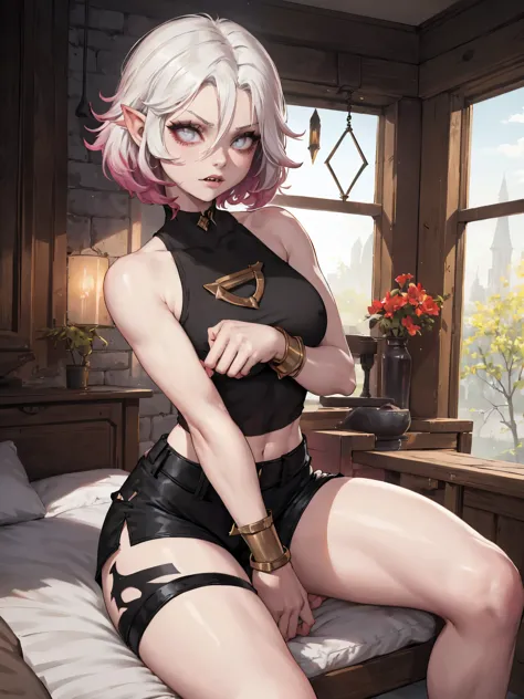 1 girl, solo, Briar, (pale skin), short white hair, grey eyes, flat chest, fleshy legs, pointy ears, ((tight black tank top, tig...