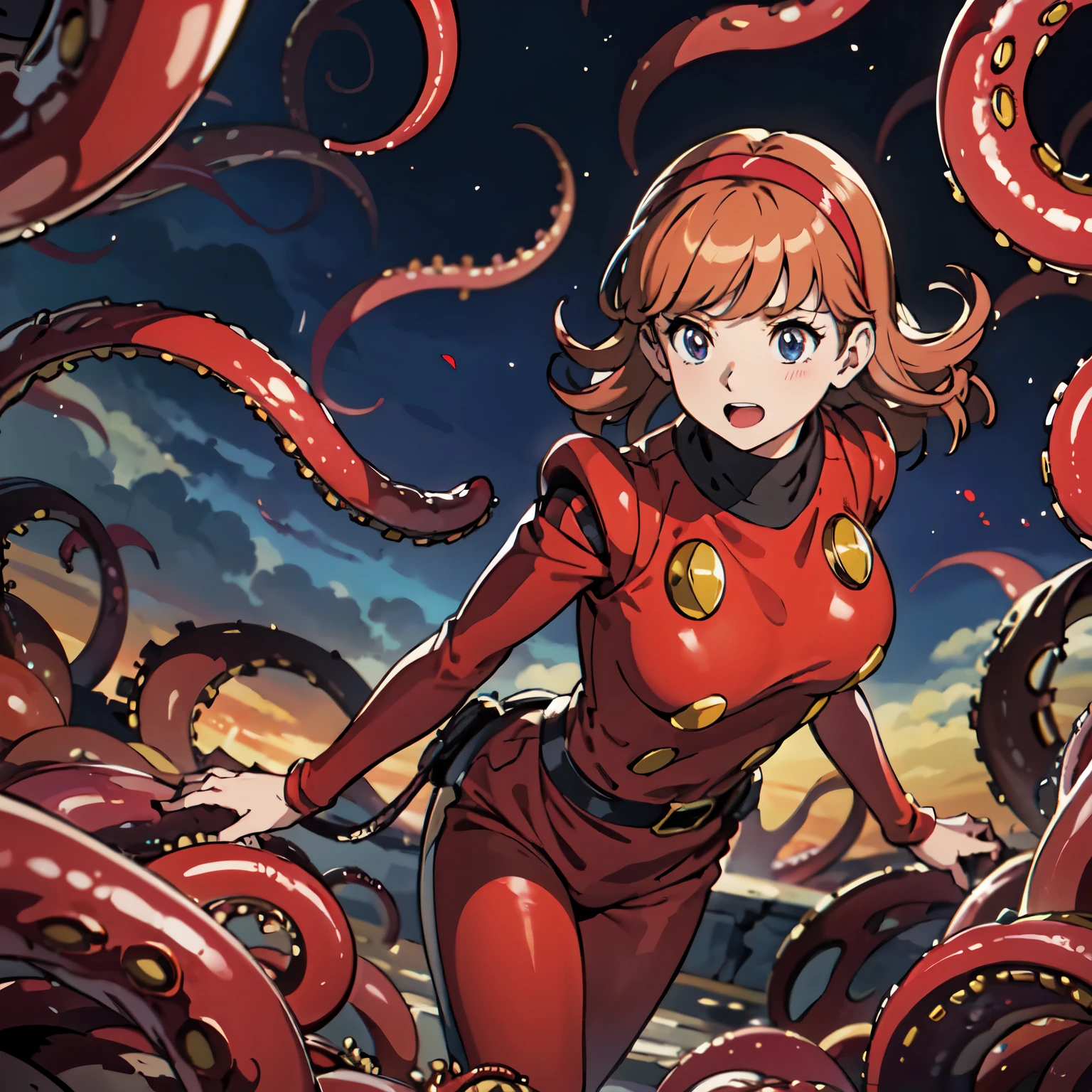 masterpiece, Highest quality, Outdoor,One girl,
 Cyborg 003,ruins、One heroine surrounded by tentacles、