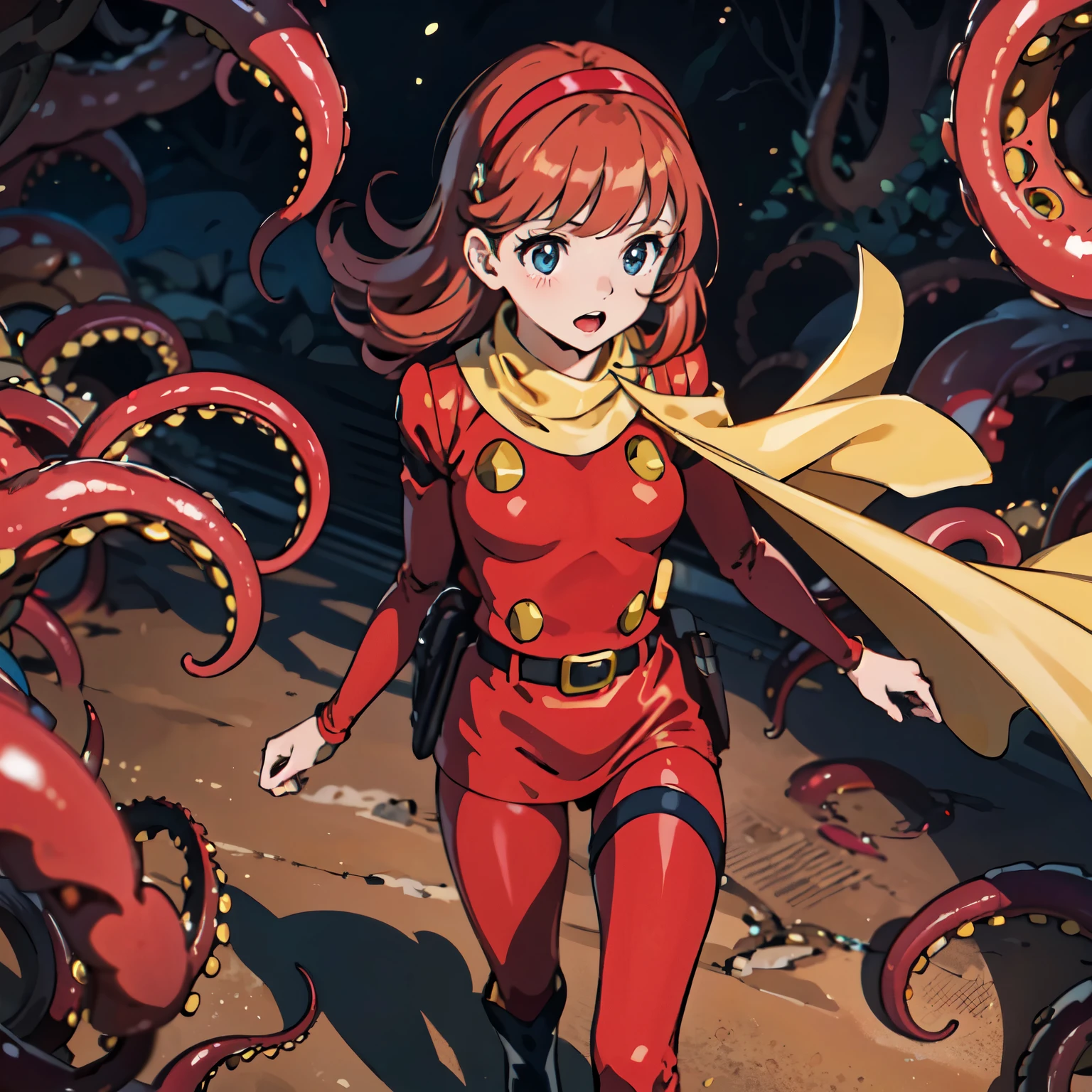 masterpiece, Highest quality, Outdoor,One girl,
 Cyborg 003,ruins、One heroine surrounded by tentacles、Heroine caught by tentacles、