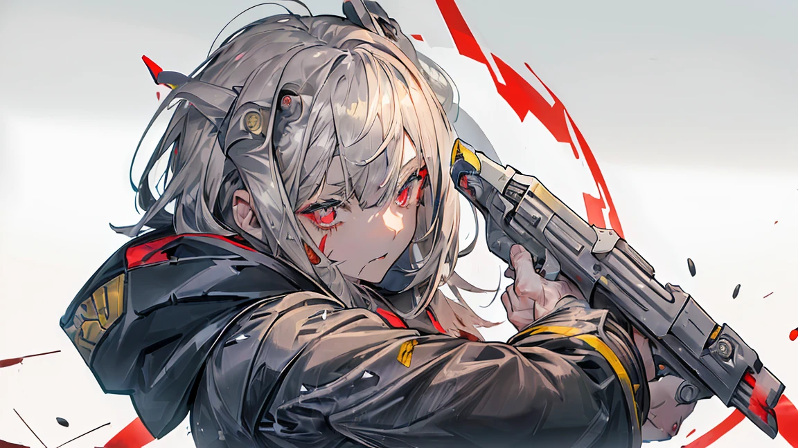 Girl、Handgun、(((((((一つのHandgun)))))))、((Aim the gun at the camera))、((Upper Body))、((Gray Hair))、((Photograph from the front))、(((((gun))))),（Covered in blood）、Clothes full of scratches、((Scarred Face))、Red-black eyes、Detailed eyes、Black hoodie、((Detailed hands))、high resolution、Detailed picture、Beautiful painting、Cold look