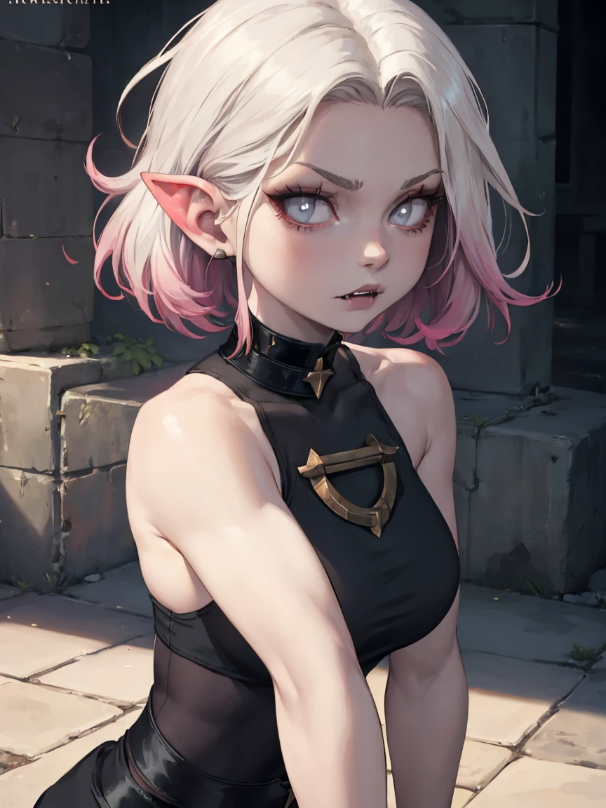 1 girl, solo, Briar, (pale skin), short white hair, grey eyes, flat chest, fleshy legs, pointy ears, tight black tank top, brace...