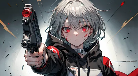 girl、handgun、一つのhandgun、((aim the gun at the camera))、((upper body))、((gray hair))、((photograph from the front))、(((((gun))))),(...