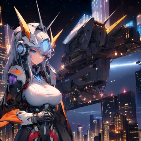 ((big city)) ((valley of skyscrapers)) ((vehicles)) ((crowd)), gundam style,electronic illustrations of women with mechanized ar...