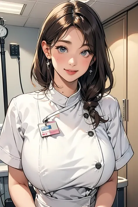 hospital nurse,white mask,gigantic breasts,brown hair,