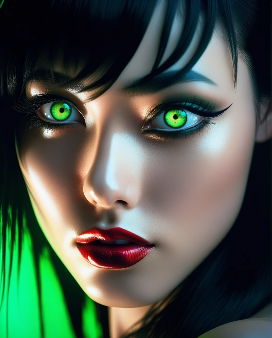 (The artwork:Katsuya Terada), 8k, hard disk, A masterpiece of precision and precision, 1girl in, Beautiful face、Glowing green eyes, red iris and black eyeball, medium shot, Black hair, organic shape, hard edge, Anatomically correct body, sexy sexy pose, Hyper realistic,elegent,Cinematic lighting, Highly detailed, intense colors, Octanen Rendering, Surreal mood, winning artwork, Shimmering rich colors, iridescent accents, Dramatic shadows,Dynamic and atmospheric lighting, Anamorphic Lenses, Sharp Focus, A complex, high-definition masterpiece,