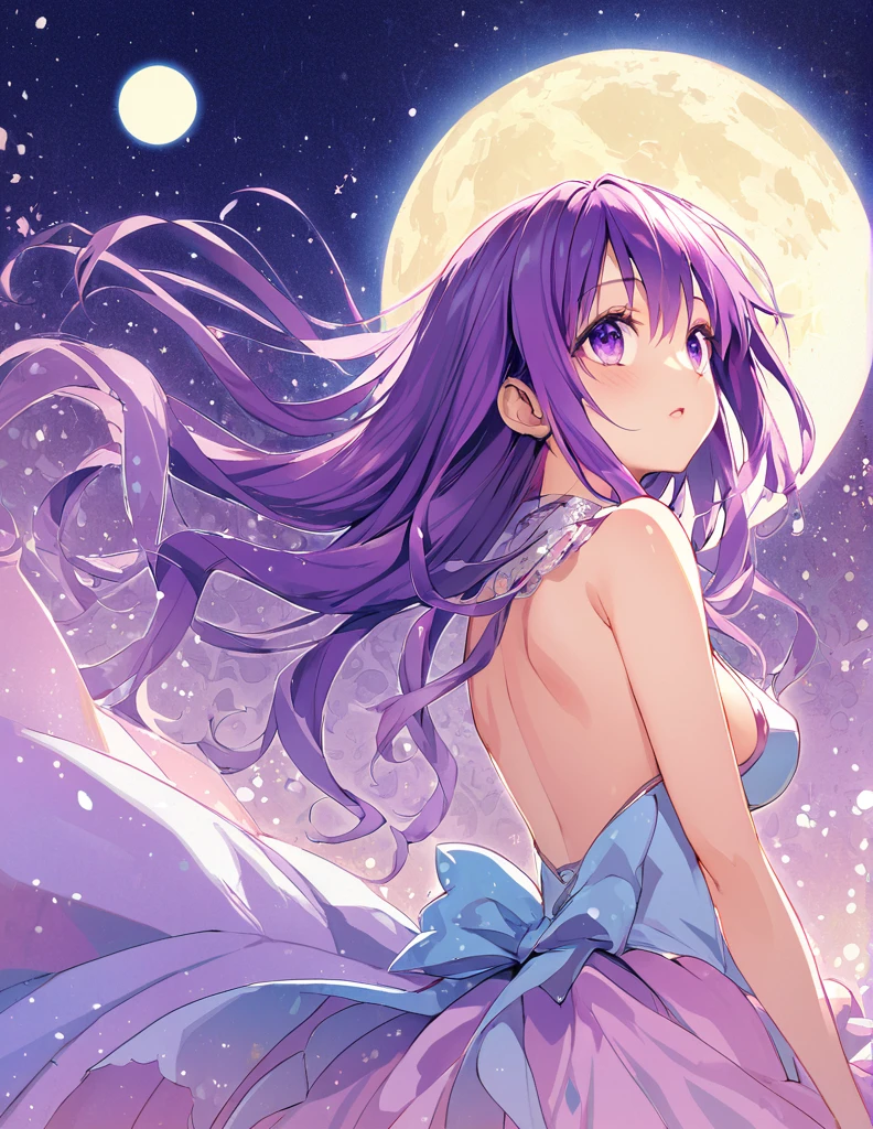 Beautiful girl with long purple hair and princess dress, side boob exposed　Screentone processing　Looking up at the moon　Shaded painting style