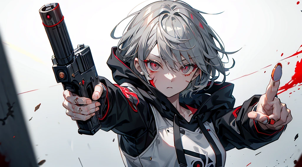 Girl、Handgun、一つのHandgun、((Aim the gun at the camera))、((Upper Body))、((Gray Hair))、((Photograph from the front))、(((((gun))))),((((Pointing the gun this way))))（Covered in blood）、Clothes full of scratches、((Scarred Face))、Red-black eyes、Detailed eyes、Black hoodie、((Detailed hands))、high resolution、Detailed picture、Beautiful painting、Blank look、masterpiece, best quality, detailed beautiful face and eyes,detailed beautiful face,and eyes