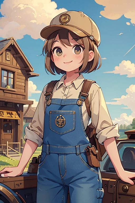 (Highest quality:1.2)，steampunk，One ，Light brown short bob，smile，Engineer Cap，Beige shirt，Denim overalls，Driving a motor vehicle，The background is a quiet rural village with blue skies and white clouds.，