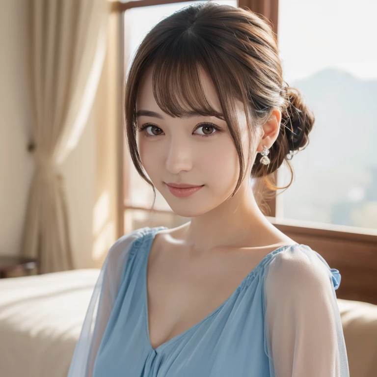 (masterpiece:1.3), (8K, Photoreal, Raw photo, best image quality: 1.4), Japanese high school girl、(random hairstyle:1.2)、cleavage:1.2、In a luxury hotel、At a luxury villa overseas、super detail face、eye for details、double eyelid、chest to chest、sharp focus:1.2、Beautiful woman:1.4、light brown hair、highest quality、masterpiece、Super high resolution、(Photoreal:1.4)、Highly detailed and professionally lit smiles、loose and light nightgown、shoulder out、thin、serious expression、short haired、deadly position