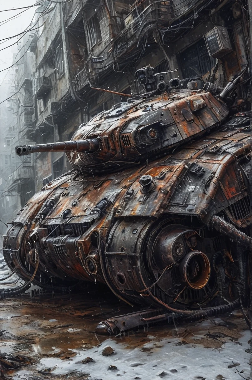 amazing quality, masterpiece, best quality, hyper detailed, ultra detailed,photo, winter, dark, dusk, an heave armored tank , frame weathered and worn,rust stains and spots