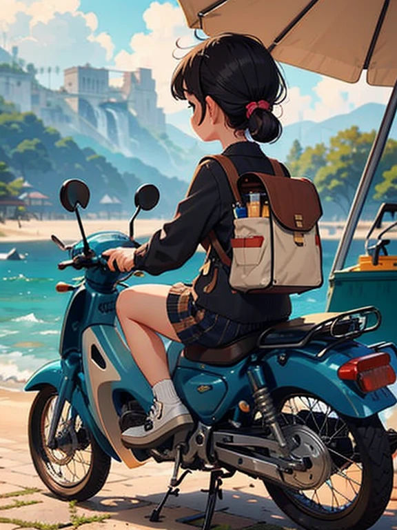 32K，UHD High Resolution，Octane Rendering，steampunk，(Hyper Detail: 1.2)，Young girl riding a Super Cub、morning，cute，Very short stature，Thin thighs，Loading a lot of luggage into a small yellow Super Cub，Short dress，Semi-long twin tail hair，Black Hair，goggles，Super Cub Details，Seaside Background，Head to the campsite，Medium shot from behind,