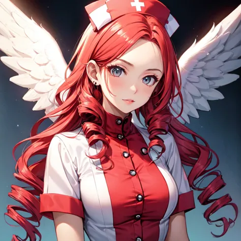 cute girls　gothic nurse clothing　red hair　drill hair　真front　angel&#39;s wing　devil&#39;s tail　tooth　background white　upper body　...