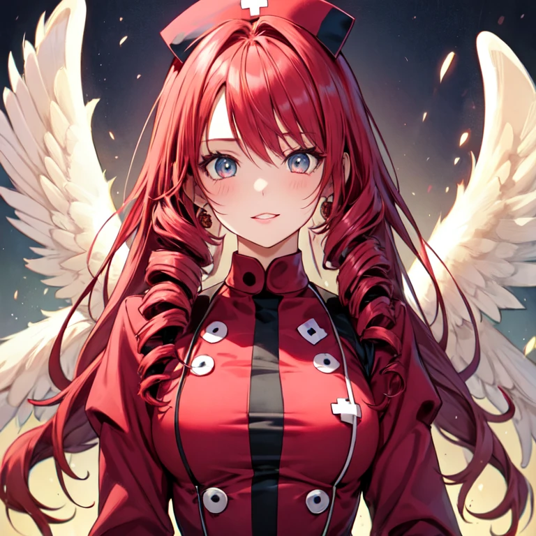 Cute Girls　Gothic Nurse Clothing　Red hair　Drill Hair　真front　Angel&#39;s wing　Devil&#39;s Tail　tooth　Background white　Upper Body　　One person　front　Big Tits　smile　garter belt　Patsunpatsun