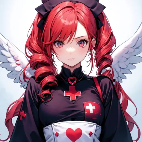 cute girls　gothic nurse clothing　red hair　drill hair　真front　angel&#39;s wing　devil&#39;s tail　tooth　background white　upper body　...