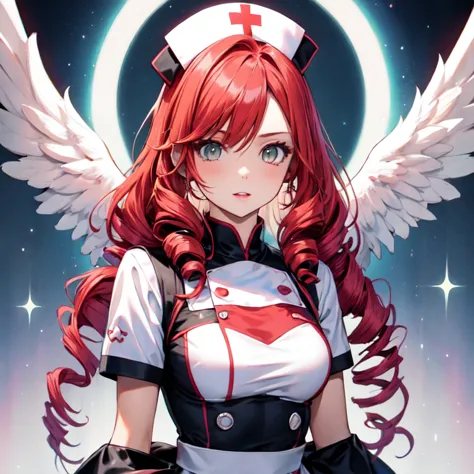 cute girls　gothic nurse clothing　red hair　drill hair　真front　angel&#39;s wing　devil&#39;s tail　tooth　background white　upper body　...