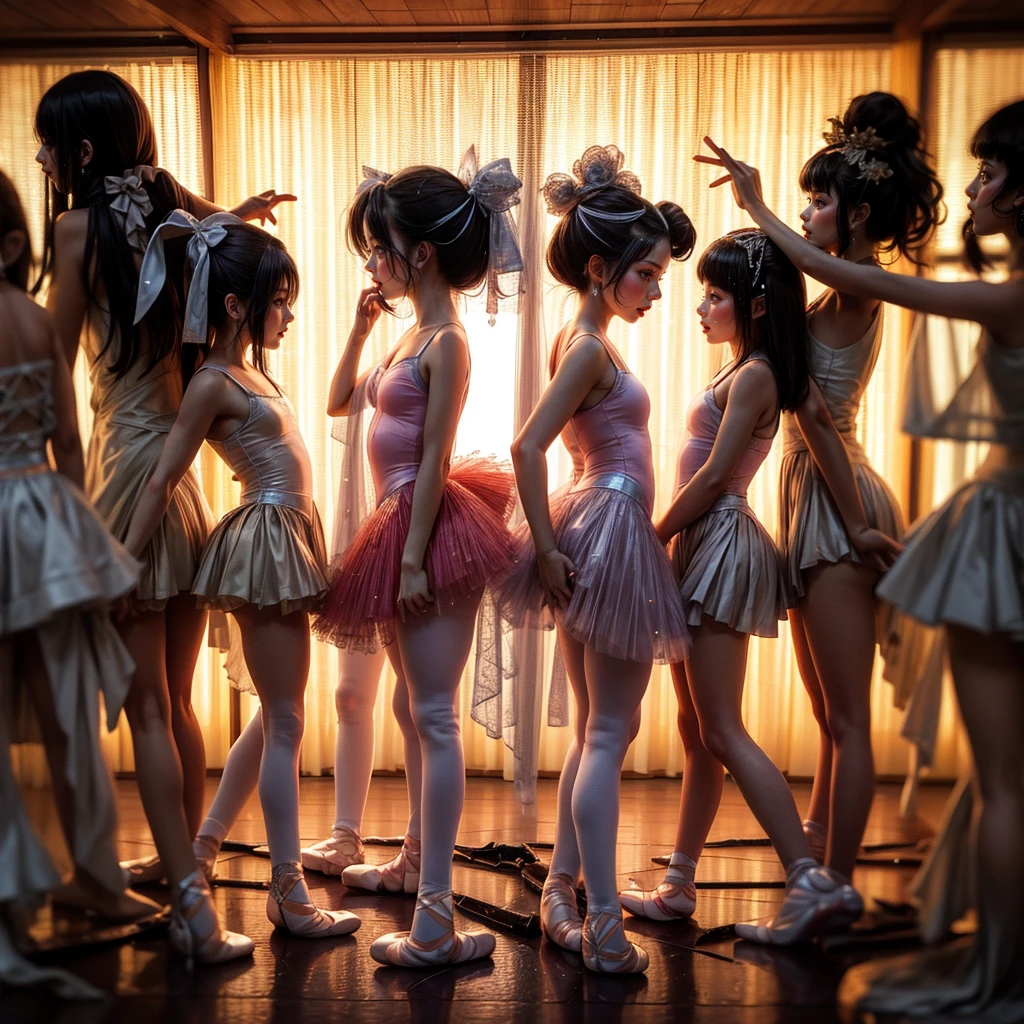 SFW, ExtremelyDetailed (((Kawaii Ballet Girls Group in a row:1.37))), Childish perfect face, Reflective Eyes, Detailed(Delicate Clothing textures), corrected hand, Dynamic Joyful Expressions LifeLike Rendering, (Specular Reflection:0.2), TopQuality 8K Ultra-detailed masterpiece (ProfessionalPhoto:1.37), (Acutance:0.8), (Luminism:1.28), ( Colorful Light particles:0.75), (Muscle:-0.5), facing away (from side ) (Clearly visible Beautiful hip shape)