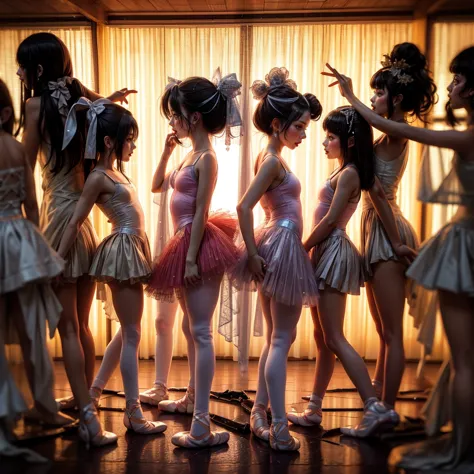 sfw, extremelydetailed (((kawaii ballet girls group in a row:1.37))), childish perfect face, reflective eyes, detailed(delicate ...