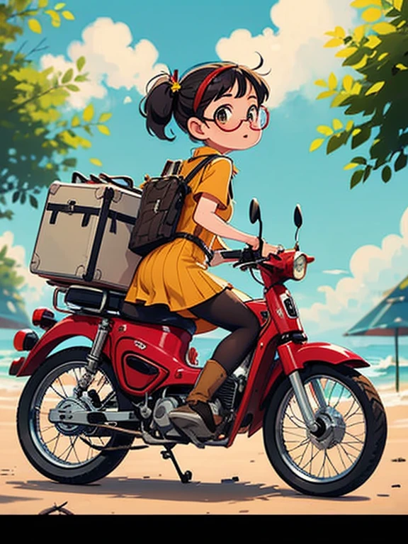 32K，UHD High Resolution，Octane Rendering，steampunk，(Hyper Detail: 1.2)，Young girl riding a Super Cub、morning，cute，Very short stature，Thin thighs，Loading a lot of luggage into a small yellow Super Cub，Short dress，Semi-long twin tail hair，Black Hair，goggles，Black boots，Super Cub Details，Head to the beach campsite，Medium shot from behind,