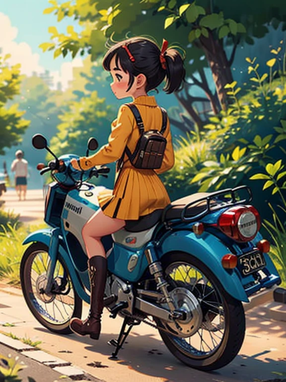 32K，UHD High Resolution，Octane Rendering，steampunk，(Hyper Detail: 1.2)，Young girl riding a Super Cub、morning，cute，Very short stature，Thin thighs，Loading a lot of luggage into a small yellow Super Cub，Short dress，Semi-long twin tail hair，Black Hair，goggles，Black boots，Super Cub Details，Head to the beach campsite，Medium shot from behind,