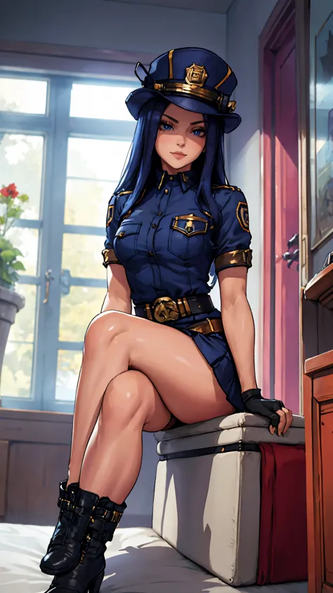 1 girl, solo, Caitlyn, long dark blue hair, hat, fleshy legs, tight police clothes, fingerless gloves, boots, mini skirt, thigh ...