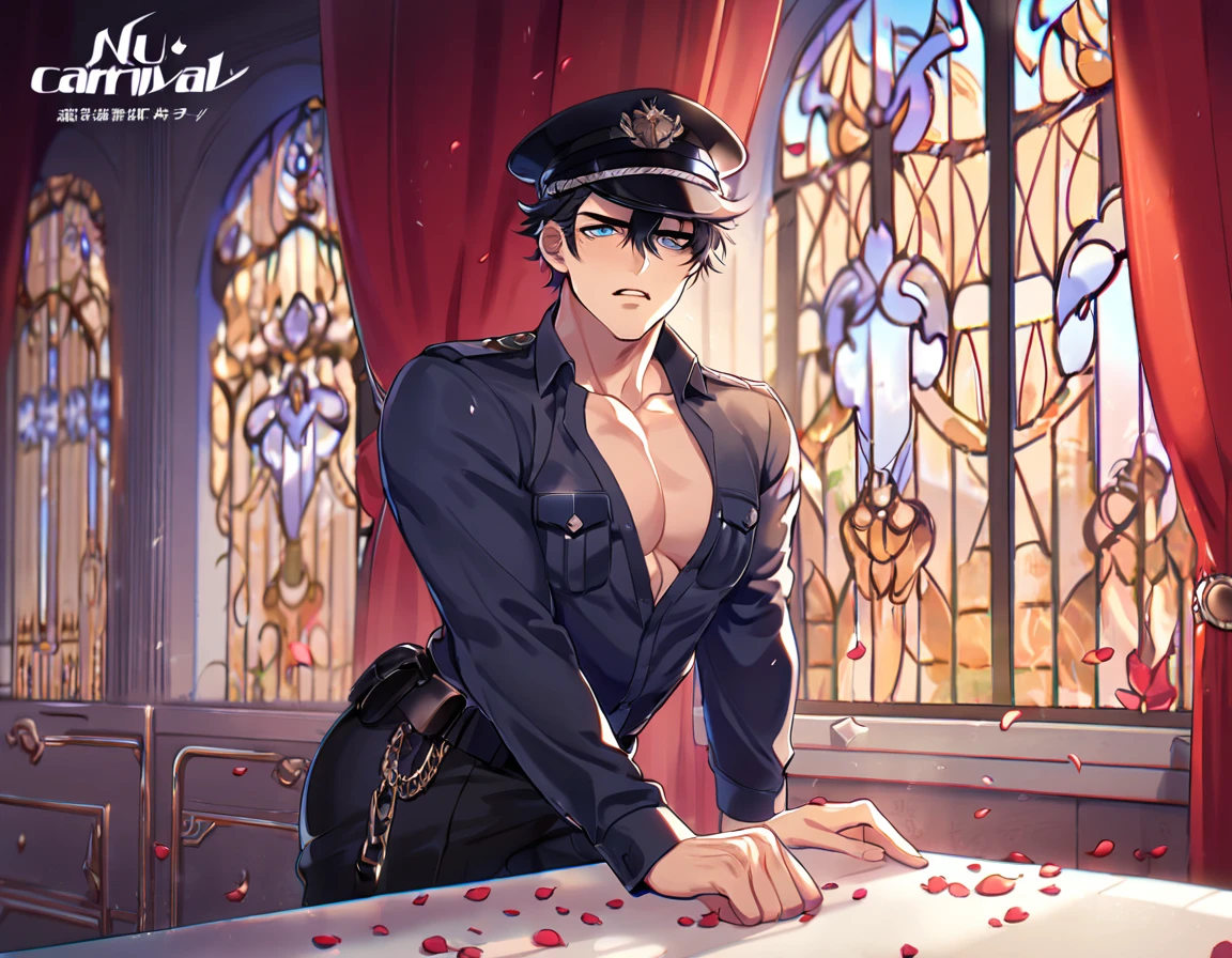 absurdres, highres, ultra detailed, HDR, master piece, best quality, Wriothesley, black hair, expressive blue eyes, Genshin Impact, solo, sexy man, handsome, horny, lewd, black police officer clothes, unbuttoned shirt, black hat, fantasy, police station, window, petals, flowers, room, red curtains, Nu Carnival