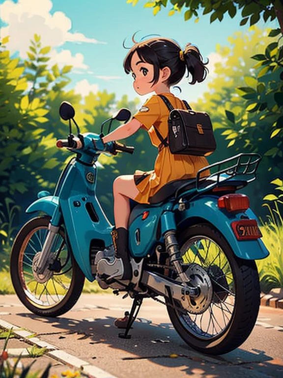 32K，UHD High Resolution，Octane Rendering，steampunk，(Hyper Detail: 1.2)，Young girl riding a Super Cub、morning，cute，Very short stature，Very thin thighs，Loading a lot of luggage into a yellow Super Cub，Short dress，Semi-long twin tail hair，Black Hair，goggles，Black boots，Super Cub Details，Head to the beach campsite，Medium shot from behind,