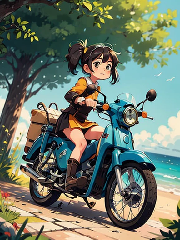 32K，UHD High Resolution，Octane Rendering，steampunk，(Hyper Detail: 1.2)，Young girl riding a Super Cub、morning，cute，Very short stature，Very thin thighs，Loading a lot of luggage into a yellow Super Cub，Short dress，Semi-long twin tail hair，Black Hair，goggles，Black boots，Super Cub Details，Head to the beach campsite，Medium shot from behind,