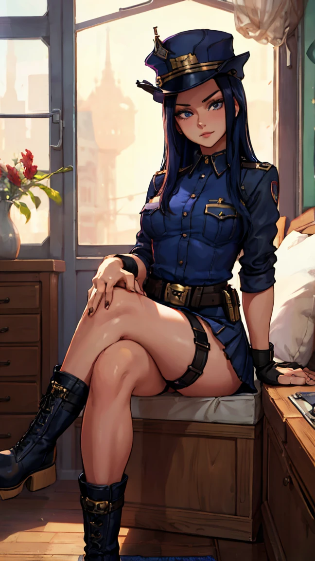 1 girl, solo, Caitlyn, long dark blue hair, hat, fleshy legs, tight police clothes, fingerless gloves, boots, mini skirt, thigh ...