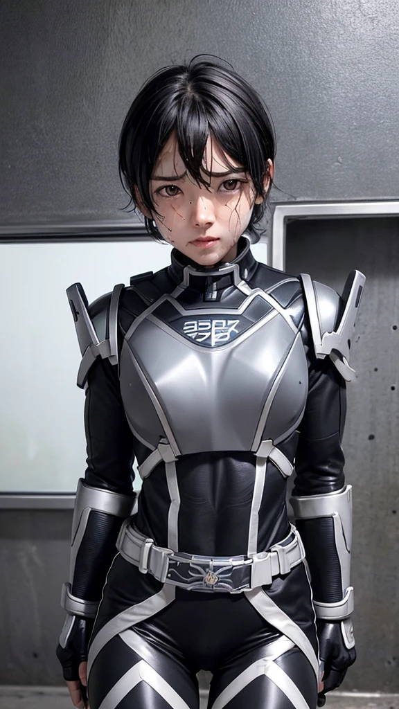 Highest quality　8k Cyborg Suit Girl　Heavy Armor　　Elementary school girl　Sweaty face　cute　Boyish short hair　Very short hair　Steam coming out of my head　My hair is wet with sweat　Black Hair　Broken and unable to move　　Lying down　Soaked Face　My crotch is wet