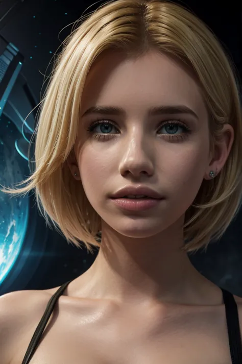 ((blonde emma roberts:1.2), alien attached to her face, scary spaceship interior, realistic, cinematic, 8k, high quality, hyper ...