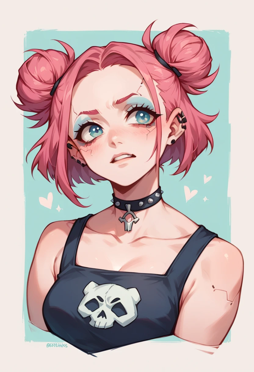 SFW, a cyberpunk themed woman with pale skin and pink hair, short hair kept in twin buns, pastel goth, bright pinks and blues, modest bust