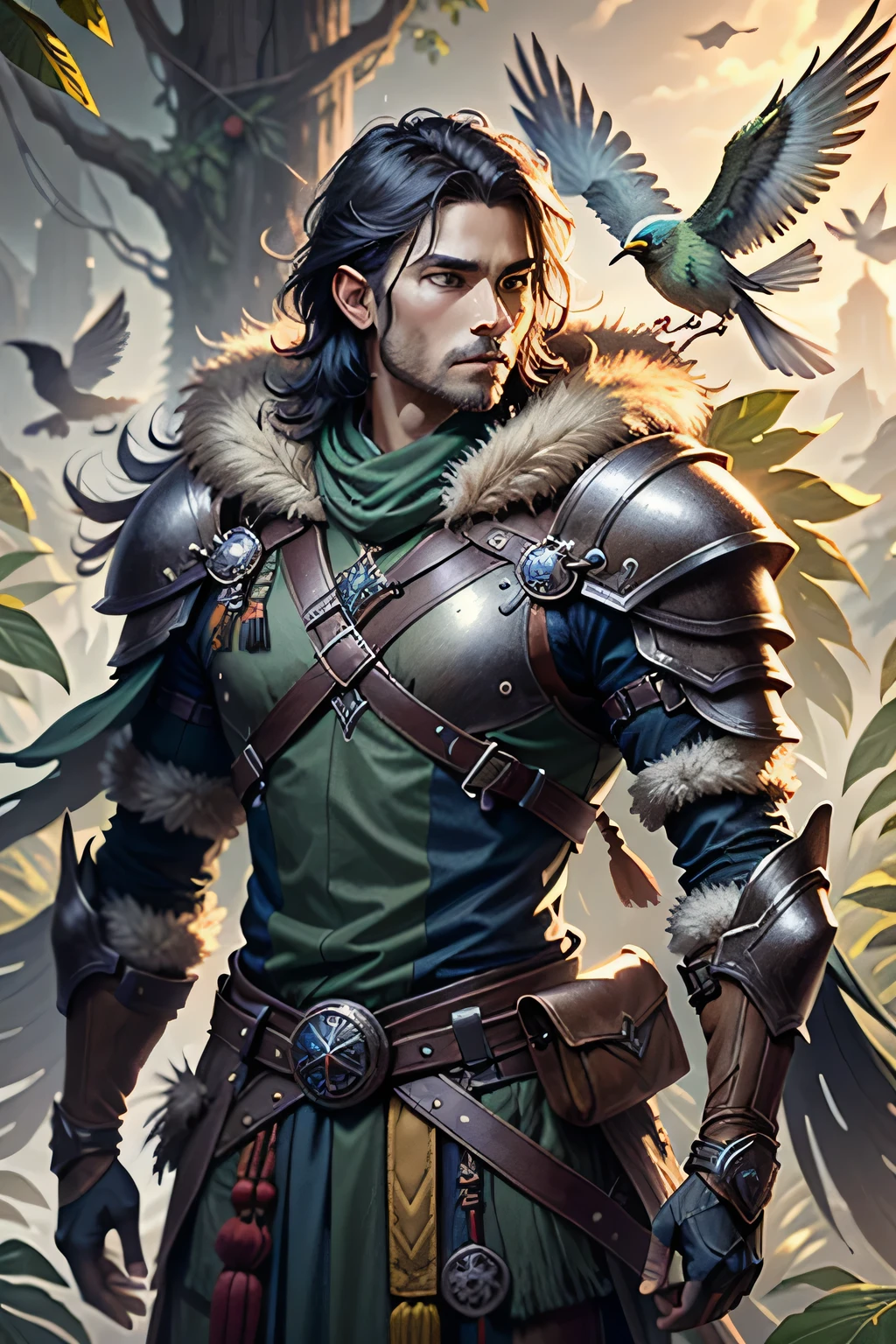 (masterpiece, best quality:1.3) ::native american solo, male ::native american focus, fingerless gloves, tree, fur ornaments, ::(((bird))) on his shoulder, green leather clothes, leaves on armor, detailed face, intricate details, cinematic lighting, vibrant colors, lush foliage, fantasy, photorealistic