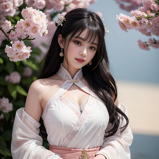 best quality, Delicate face，beautiful visual work, lifelike, eternity, black hair, Long curly hair, blunt bangs, Smile, Detailed Background, Delicate face，blush，cold，((masterpiece))、(top quality)、8k、high detail、Super detailed，21 years old female，身穿唐制Hanfu、waist skirt, Clothes are light and fluffy，Hanfu, wide sleeves, Transparent sleeves, Tunic, Clothes made of chiffon, masterpiece、born、Scenes resembling fairy tale illustrations、intricate details和複雜的設計、Beautifully、magic、capricious、 Beautifully、Dream aesthetics、「𝓡𝓸𝓶𝓪𝓷𝓽𝓲𝓬、ethereal、charming、fickle、magic」、realism、Visual effects、FXAA、SSAO、Shader、voiceless、ambient lighting、Tone mapping、High resolution、Ultra high quality、Million pixels、(8K resolution:1.10)、8k、8k以下、8K resolution、high detail、intricate details， (high quality:1.2、masterpiece:1.2、:1.21)、(21 years old female:1.21)、(興奮地Smile)、(被dream般的氛圍所包圍、Model diagram，full-body shot，Normal 2 feet，Put your hands behind you，The protrusion of the breast is visible when wearing clothes, Large Breasts, H cup chest, antiquity, Xian Xia, gauze clothes, Soft and fluttering, Fairy, dream, fantasy, light, Elegant, nature, Immortal, romantic, classical, ribbon,Chinese style, The background is Chinese architecture