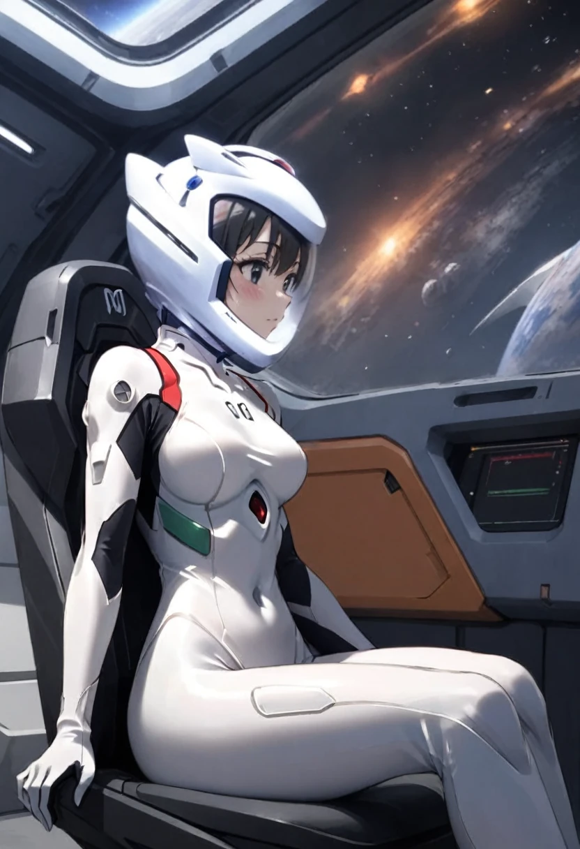 ( short hair, street, emo, BLACK hair, white eyes, eyeliner, apocalypse, girl, nside the (cockpit) of a (futuristic spaceship:1.6), , blush,sitting on a chair, covered navel, space helmet, muvluv, space helm, plugsuit , space helmet, eva helm,white bodysuit, short hair, ,helmet, from side