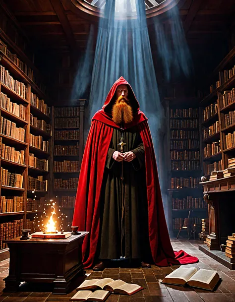 amidst a dim light, ruined mansion, a red-haired wizard with a long beard and wearing a vinza cloak with a pointed hood performs...