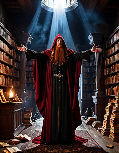 amidst a dim light, ruined mansion, a red-haired wizard with a long beard and wearing a vinza cloak with a pointed hood performs...