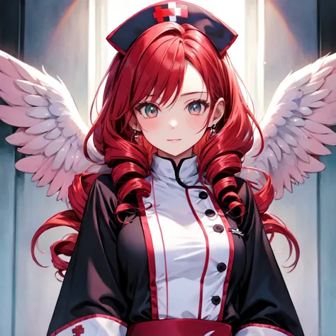 cute girls　gothic nurse clothing　red hair　drill hair　真front　angel&#39;s wing　devil&#39;s tail　tooth　background white　upper body　...