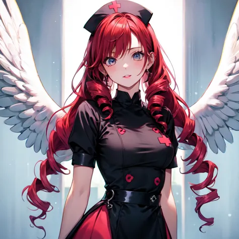 cute girls　gothic nurse clothing　red hair　drill hair　真front　angel&#39;s wing　devil&#39;s tail　tooth　background white　upper body　...