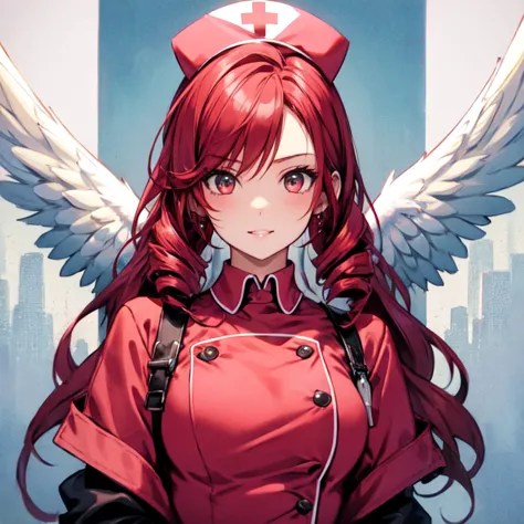 cute girls　gothic nurse clothing　red hair　drill hair　真front　angel&#39;s wing　devil&#39;s tail　tooth　background white　upper body　...