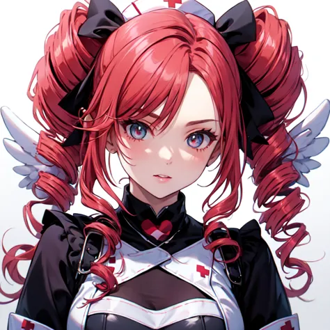 cute girls　gothic nurse clothing　red hair　drill hair　真front　angel&#39;s wing　devil&#39;s tail　tooth　background white　upper body　...