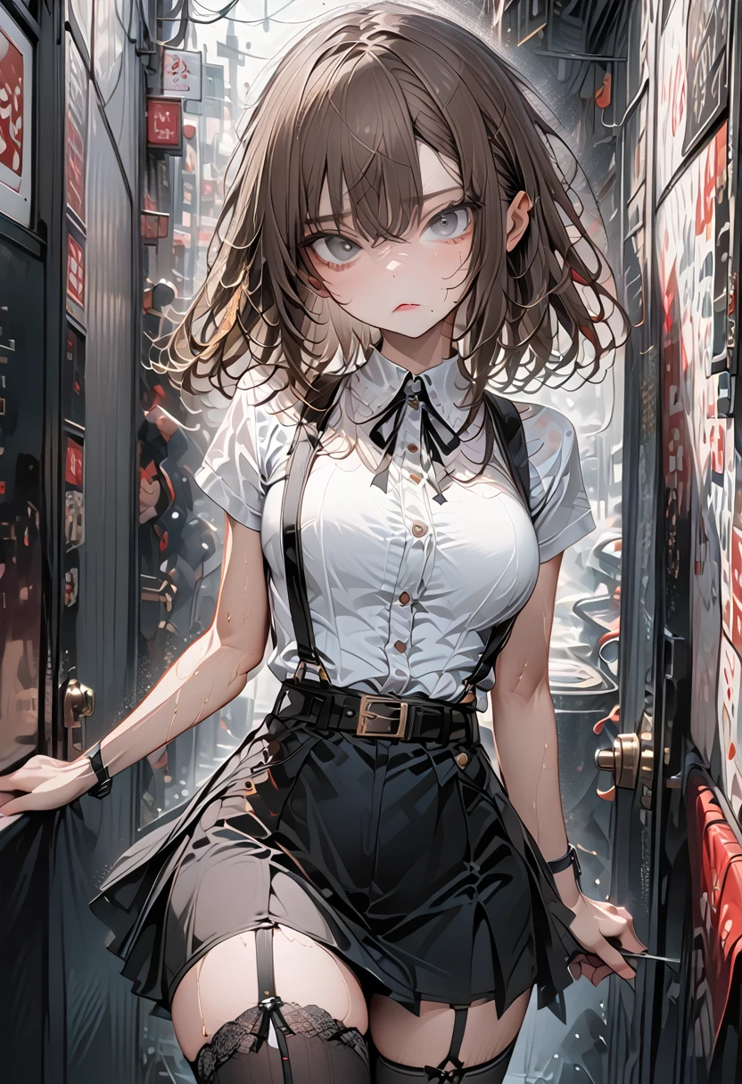  ai-generated,Black Skirt, 　suspenders, Brown Hair、Grey Eyes, Put garters on the legs, Tight clothing, 　　 belt　Underarm sweating　　poker face　Medium chest